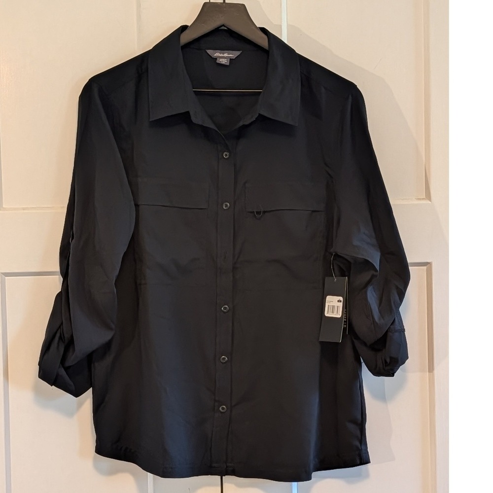 Eddie Bauer Womens Large NWT Activ Pro Black Hiking Travel UPF 40 Button Shirt